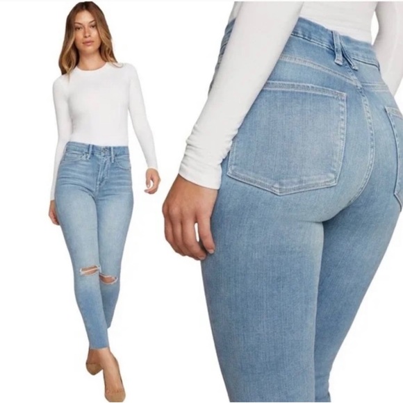 GOOD AMERICAN GOOD WAIST CROP RAW EDGE HIGH WAIST DISTRESSED SKINNY JEANS Sz4/27 - Picture 1 of 15